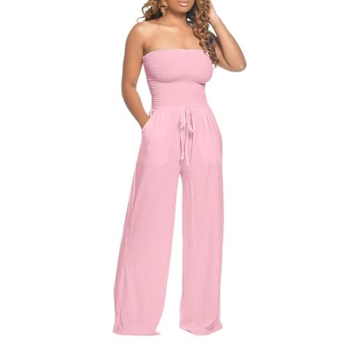 Image of Women Tube Top Romper Strapless Bandeau Cold Shoulder Jumpsuit Outfits Sexy Off Shoulder Bodycon Overalls Wide Leg Pants Formal Party Rompers Solid Color Summer Business Work Outfit (XXL) Pink