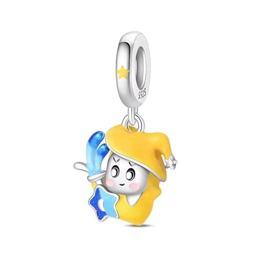 Image of SBUTUXC 925 Sterling Silver Cute Character Dangle Charm, Yellow Enamel, Star Accent, for Bracelets, Necklaces and Anklets