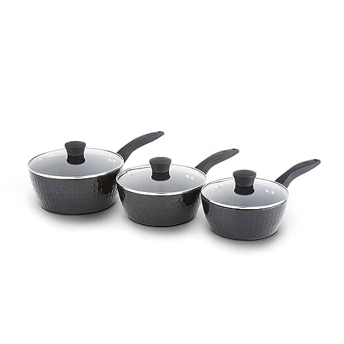Image of Tower Diamo 3 Piece Cookware Set, 18cm/20cm/22cm Saucepans with Tempered Glass Lids, Black Diamond Non-Stick Ceramic Coating, Black