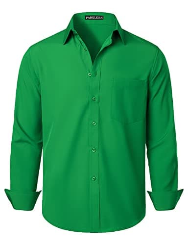 Image of PARKLEES Men's Regular Fit Dress Shirt Solid Wrinkle-Free Long Sleeve Casual Business Button Up Shirts with Pocket PZSSCL05-Shamrock Green L