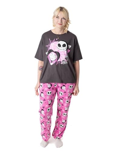 Image of Disney The Nightmare Before Christmas Womens Pyjama Set | Adults Jack Skellington Graphic Short Sleeve Top & Long Leg PJ Bottoms in Black & Pink | Ladies Sally Character All Over Print Nightwear