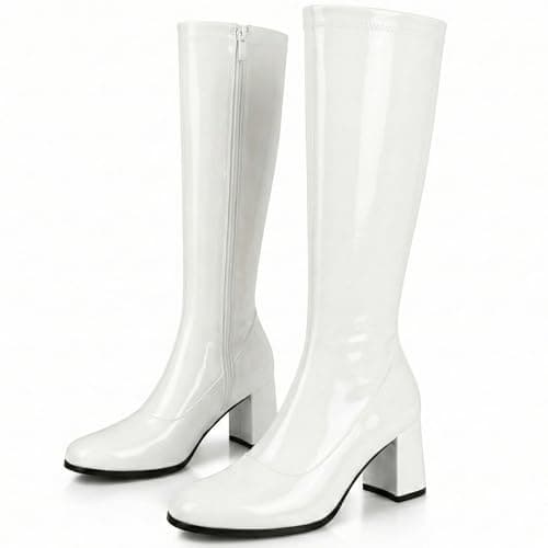 Image of Golden Beads Womens Fancy Dress Party Go Go 1960s & 1970s Retro Look Girls Shoes Costume Heels Boots Zip Closure Size 3-12uk (White, 5 UK, UK Footwear Size System, Adult, Women, Numeric, Medium, 5)
