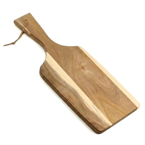 Image of GEEZY Acacia Wood Paddle Chopping Board with Handle - Rectangular Serving Platter for Cheese & Bread - Moisture Resistant, Reversible & Eco Friendly Small Wooden Kitchen Cutting Board, 42x17x1.6 cm