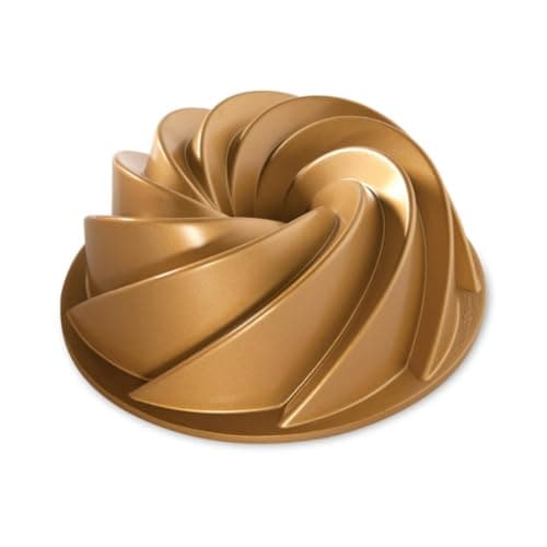Image of Nordic Ware Heritage Bundt Pan, Swirl Cast Aluminium Bundt Tin, Bundt Cake Tin with Elegant Pattern, Cake Mould Made in the USA, Colour: Gold
