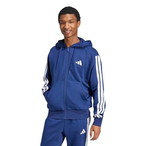 Image of adidas Men's ESSENTIAL THREE STRIPES FLEECE ZIPPER HOODIE, dark blue/white, XL