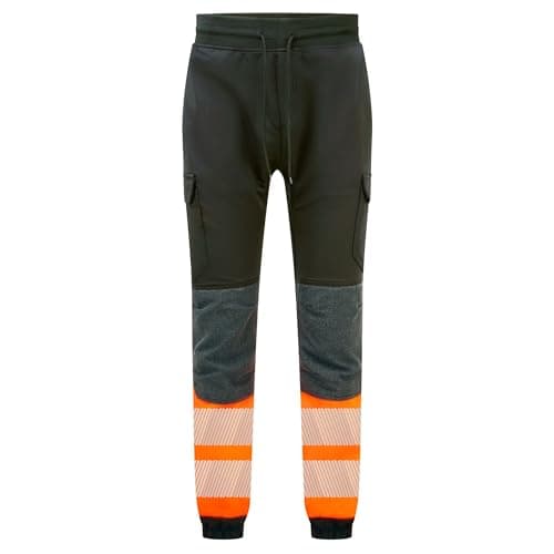 Image of Portwest PW3 Hi-Vis Flexi Joggers Work Trousers 4-Way Stretch Slim Fit Jogging Bottoms Reinforced Knees Reflective Tape Workwear Pants Multi-Pocket Elastic Waist, Black/Orange, 3XL
