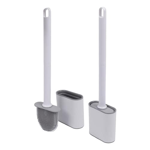 Image of Harbour Housewares Wall-Mounted Toilet Brush & Holder Sets - Pack of 2 - White - Silicone Brush, Slimline, Detachable, Hygienic, Space-Saving Bathroom Accessories