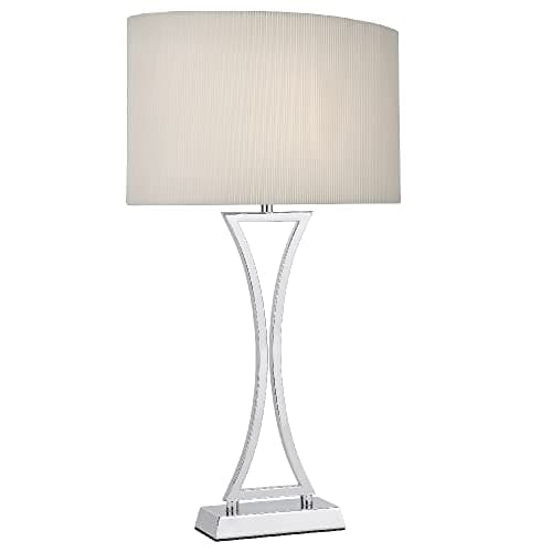 Image of Polished Chrome Modern Concave Curved Table Lamp with Cream Oval Micro Pleat Shade | 53cm Height | 1 x ES E27 Lamp Bulb Required (Not Included) | Inline Switch | UK Approved | Contemporary Design