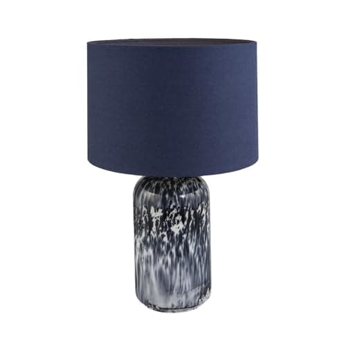 Image of Happy Homewares Modern Navy Midnight Blue and Smoked Grey Marble Snowflake Glass Table Lamp with Linen Lined Shade | Inline Switched | 46cm x 30cm