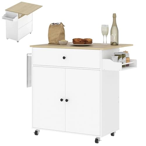 Image of HOMCOM Kitchen Island with Drop Leaf, Rolling Kitchen Storage Trolley on Wheels with Drawer, Spice Rack and Towel Rack, Storage Cart with Adjustable Shelf, White