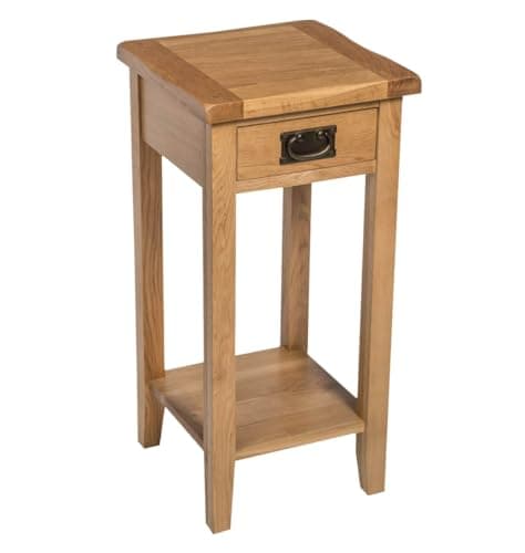 Image of Hallowood Furniture Monchique Small Oak Side Table with Drawer and Shelf, Wooden Lamp or Telephone Table for Living Room or Bedroom, Narrow Console Tables for Hallway or Entryway