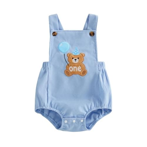 Image of Qianderer Unisex Baby Boy First Birthday Outfit Sleeveless Corduroy Overalls Letter One Cake Smash Romper for 1st Birthday Party (Ca Blue, 6-12 Months)