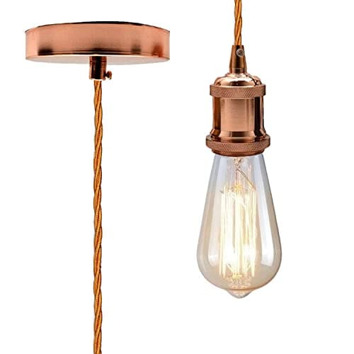 Image of LEDSone Vintage Rose Gold Pendant Light E27 – Twisted Braided Cable Adjustable Ceiling Lamp Holder Kit Indoor Hanging Lighting