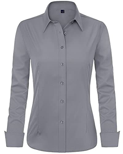 Image of J.VER Womens Shirts Long Sleeve Grey Stretch Fitted Dress Shirt Business Casual Work Office Tops Fashion Ladies Blouses Shirts M