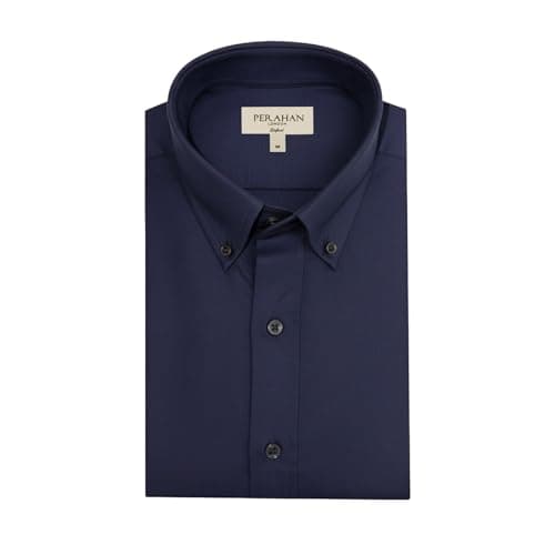 Image of Perahan Men's Classic Oxford Casual Shirt, Cotton Regular Fit Long Sleeve (UK, Alpha, M, Regular, Regular, Navy Blue)