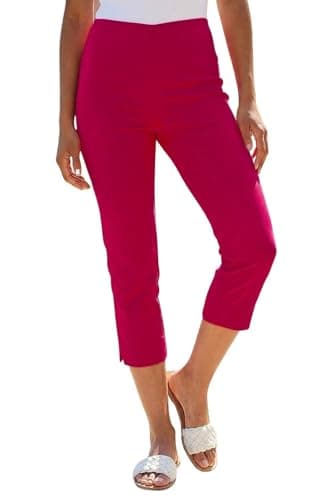 Image of Roman Cropped Trousers for Women UK Ladies Capri Leggings Summer Pants Short Crop Stretch 3/4 Length Three Quarter Pedal Pusher Clothes Elasticated Bengaline Cut Off - Cerise Pink - Size 14