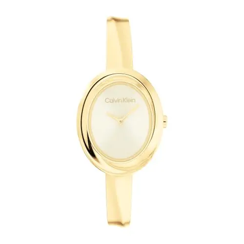 Image of Calvin Klein Two Hand Quartz Movement Watch for Women Twisted Bezel Collection with Gold Colored Stainless Steel Bangle Bracelet - 25100056