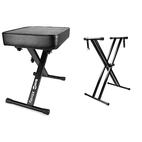 Image of Rockjam RJX29 Double Braced Adjustable Keyboard Stand with Locking Straps, Black RJKBB100 Premium Adjustable Padded Keyboard Bench or Digital Piano Stool with lessons.