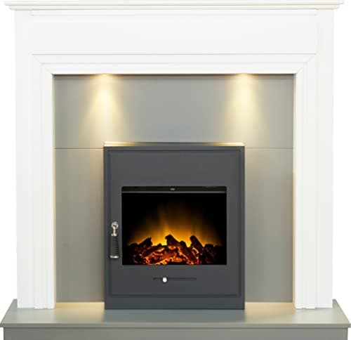 Image of Adam Honley Fireplace in Pure White & Grey with Oslo Electric Inset Stove in Black, 48 Inch