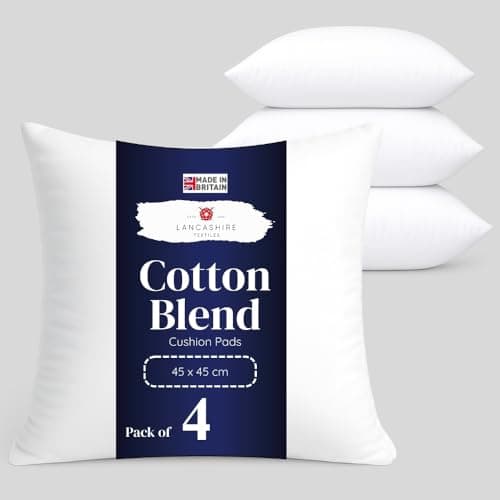 Image of Lancashire Textiles 4 Pack Luxury 18" x 18" Cotton Blend Cushion Pads with Super Bounce Polyester Fibre, Made of Finest British Materials (Pack of 4, 18" x 18" - 45 x 45cm)