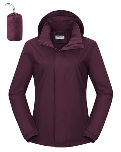 Image of Outdoor Ventures Women's Raincoat Waterproof Rain Jacket Foldaway Hood Cycling Jacket Lightweight Packable Functional Windbreaker For Walking Hiking Wine Red 3XL