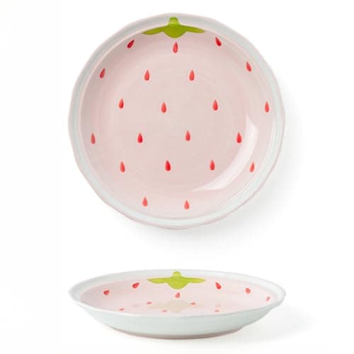 Image of Strawberry Bowl Ceramic Plate Set Cute Tableware Rice Soup Rectangular Round Double Handle Mug Spoon Sauce Large Two Handles Air Fryer Dumpling (10-inch Plate)