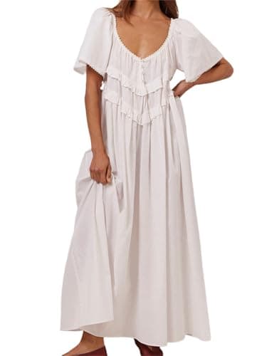 Image of Acrawnni Women's Summer Casual Maxi Dress Elegant Short Sleeve Low-Cut Backless Beach Tiered Sundress Long Loose Swing Dress (E-White, L)