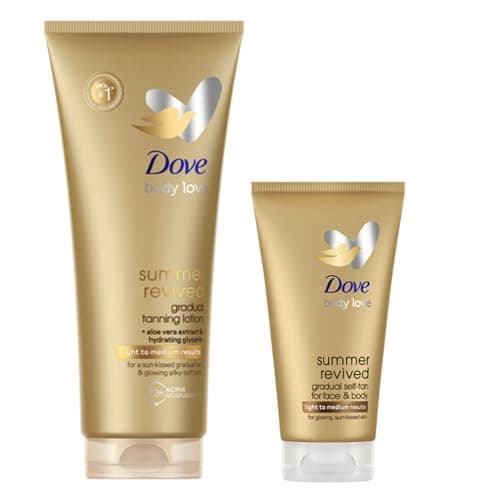 Image of Dove Summer Revived Gradual Self-Tanning Lotion for Face and Body, Light to Medium Natural Tan, Non-Sticky Feel, Suitable for All Skin Types, 2-Pack 200 ml + 75 ml – 275 ml Total