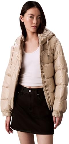 Image of Calvin Klein Women’s Shine Puffer Jacket with Hood, Off-White (Island Fossil), L