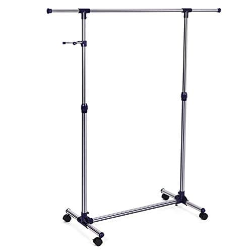 Image of SONGMICS Clothes Rack with Castors, Garment Rack, Adjustable Height Between 97-165 cm, Clothes Rail with Extendable Bar, Side Hooks for Accessories and Bags, Silver and Blue LLR01L