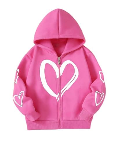 Image of BOVOSHA Girls Hoodie for Kids Long Sleeve Zip Up Sweatshirt Hooded Pullover Heart Print Top Size 6-12 Years (Pink, 5-6T)