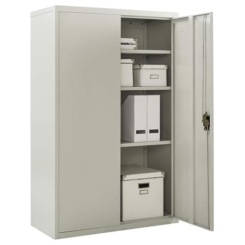 Image of MMT Furniture Metal Storage Cabinet - 2 Door Lockable Filing Cabinet -Storage Cupboard for Home, Office, Files, Pantry, Utility, Garage Tools - 3 Shelf Unit - Grey