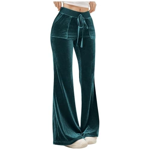 Image of Womens Velvet Flared PantsClearance Soft Velour Sweatpants Drawstring Straight Leg High Waisted Velour Lounge Pants with Pockets Wide Leg Palazzo Trousers Loose Fit Gym Running Joggers Yoga Navy