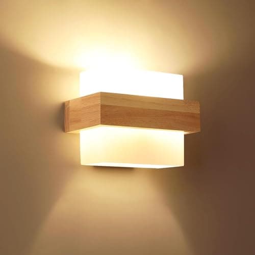 Image of Toolight Wall Light Indoor E27, Modern Wooden Wall Lamp with Glass Shade, Creativity Square Glass Wall Light Sconce for Living Room Staircase Bedroom Hallway Kitchen 3000K/4500K/6500K (Included Bulbs)