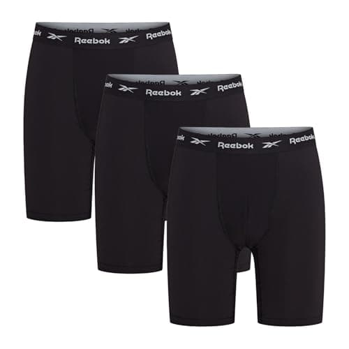 Image of Reebok Men’s Long Sports Trunks, Breathable Long Length Boxers with Branded Stretch Waistband – Pack of 3 Boxers for Men, Black, L