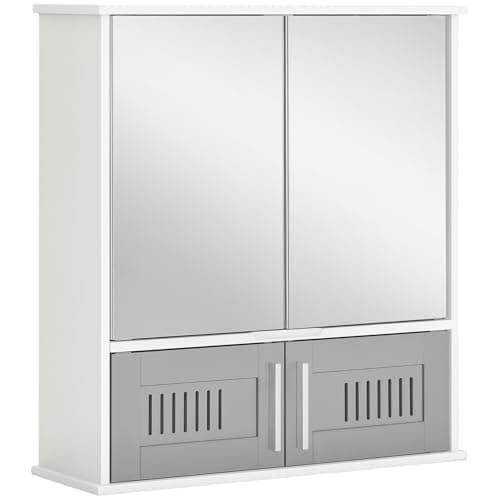 Image of kleankin Bathroom Mirror Cabinet, Wall Mounted Storage Cupboard with Double Doors and Adjustable Shelf, Bathroom Organizer, Grey