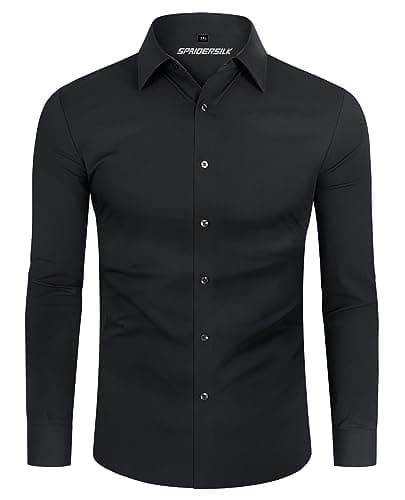Image of DEMEANOR 4-Way Stretch Mens Shirts Long Sleeve Muscle Fit Formal Dress Shirts for Men Non Iron Casual Shirts Business Wedding Work Black