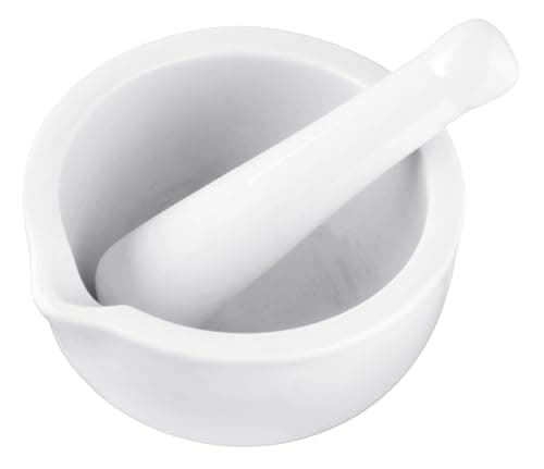 Image of Fackelmann Pestle & Mortar 11cm, Porcelain, Stone Bowl & Grinder Set with Pouring Lip, Crush & Mash Herbs & Spices, 12x11.5x6.5cm, White