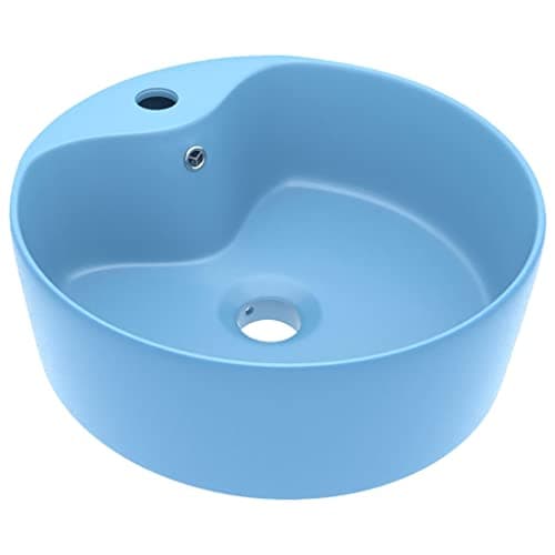 Image of 'vidaXL Light Blue Ceramic Luxury Wash Basin - Decorative Round Vessel Sink with Overflow and Faucet Hole for Bathrooms, Cloakrooms, Kitchens and Workplaces