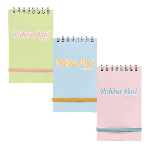 Image of Pukka Pad Pastel A7 Pocket Book – Pack of 6 Twin Wire Head Bound Notebooks with 100 Pages, 50 Sheets of 8mm Feint Ruled 80GSM Paper, Perforated Margins, and Personal Detail Page – Pink, Blue, & Green