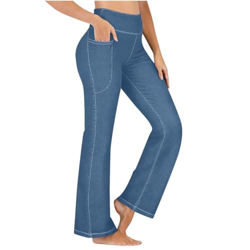 Image of mom Jeans for Women UK Blue Denim Pants for Women Elasticated High Waist Yoga Stretchy Jeans Casual Comfy Gym Skinny Flared Leggings with 4 Pockets L