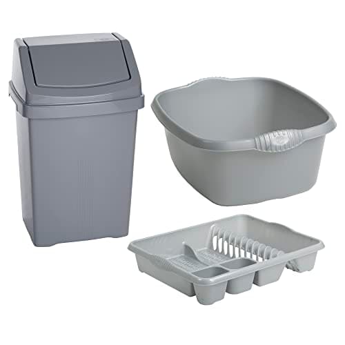 Image of Set Of 3 - High Grade Plastic 50L Swing Top Lid Bin + 39cm Rectangular Washing Up Bowl + Large Dish Drainer Tray For Home Garden Kitchen (Silver)
