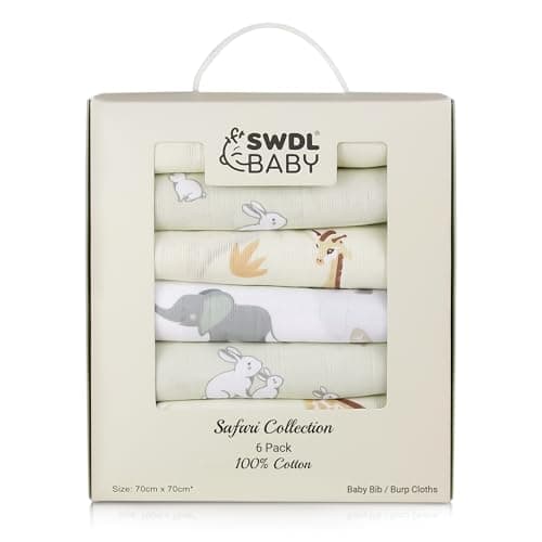 Image of Large Baby Muslin Cloths - 100% Cotton Muslin Squares (Pack of 6, 70 x 70 cm) | Soft, Absorbent & Breathable | Perfect as Baby Bibs & Burp Cloths | Safari Collection
