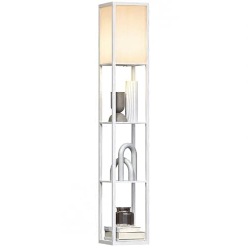 Image of HOMCOM 3-Tier Floor Lamp with Shelves and Storage, Modern Corner Standing Lamp with Lampshade, Reading Light with Foot Switch for Living Room, Bedroom, Home Office, Bulb not Included, White