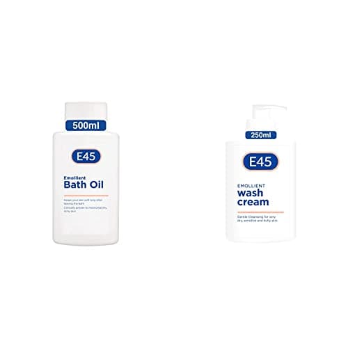 Image of E45 Dermatological Emollient Bath Oil 500 ml & Dermatological Emollient Wash Cream, Gentle Cleansing for Very Dry, Sensitive and Itchy Skin, Soap Free, 250ml Cream Pump