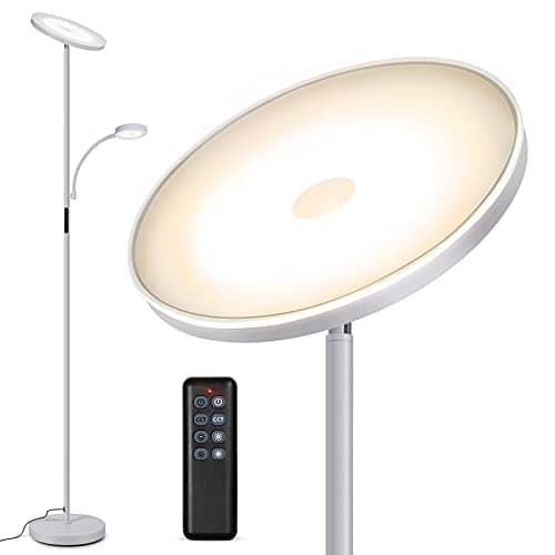 Image of OUTON LED Floor Lamp with Reading Lamp, Mother/Father Parent & Child Uplighter and Spotlight Design Floor Lamp, Dimmable Standing Lamp, Remote Touch Control for Living Room Bedroom Office, Silver Grey