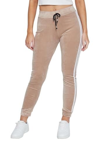 Image of Women's Velour Jogger Sweatpants – Soft Velvet Tracksuit Bottoms with Side Stripes, High Rise, Elastic Waistband (8-14) Light Beige
