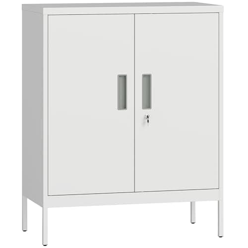Image of HOMCOM Metal Storage Cabinet with Lock, Office Storage Cupboard with 2 Doors and 2 Adjustable Shelves, Lockable Filing Cabinet for Home Office, Garage, White