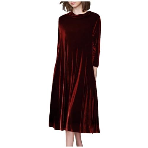 Image of Vintage Velvet Dress for Women UK Plus Size Long Sleeve Maxi Dresses Casual Loose Fit Dress Elegant Bridesmaid Dress Ladies Solid Color Midi Dress Wine