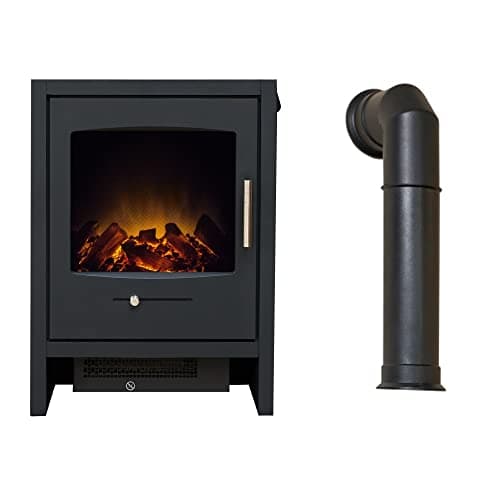 Image of Adam Bergen Electric Stove in Charcoal Grey with Tall Angled Stove Pipe in Black